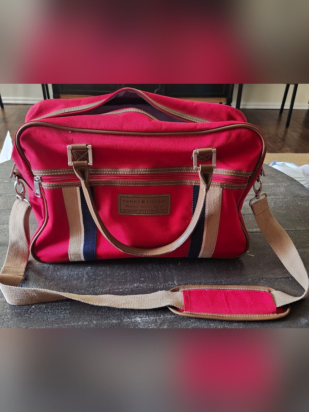 Tommy Hilfiger Red Canvas Bag with Tan and Navy Stripe Accents